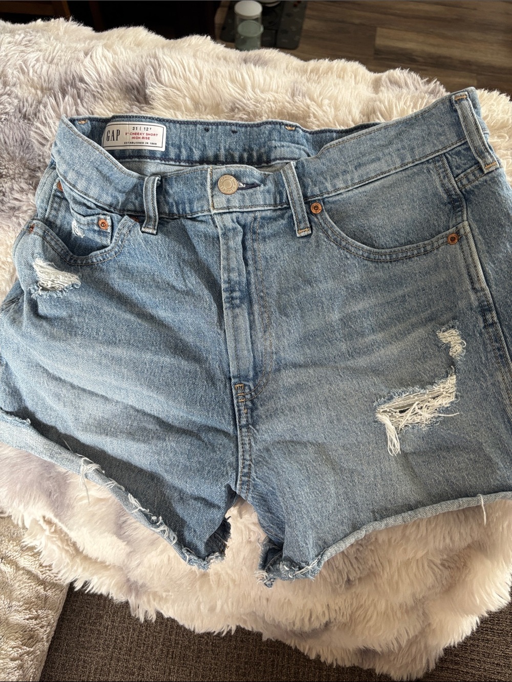 GAP Light Blue Distressed Cheeky, High-Rise Jean Shorts